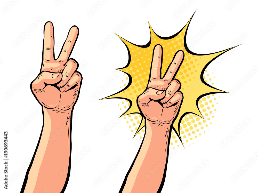 Hand gesture of victory or peace, two fingers up. Vector illustration in pop art retro comic style Hand gesture of victory or peace, two fingers up. Vector illustration in pop art retro comic style