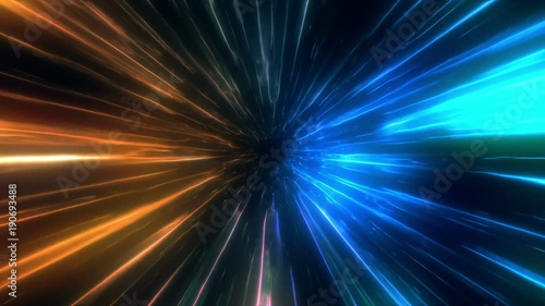 Traveling at Faster Than Light Speed into a Portal or Time Vortex Animated Abstract Simulation of High Speed Travel in Space Orange Blue Cyan