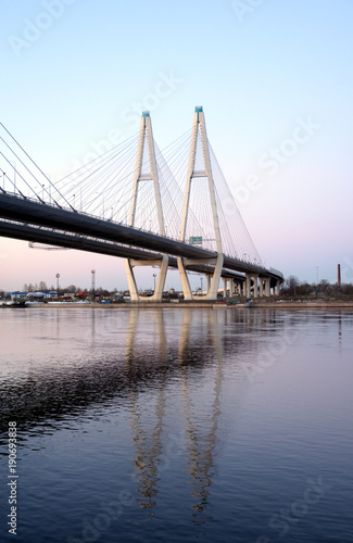 Cable-stayed bridge at evening.