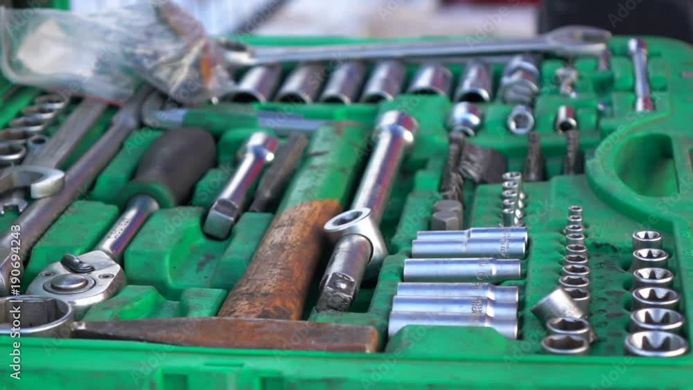 Dolly shot. Zoom out a set of tools for repair Dolly shot. Zoom out a set of tools for repair