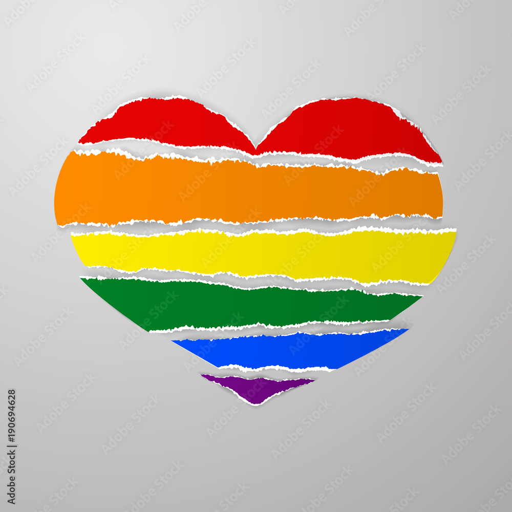 Obraz premium LGBT rainbow pride flag like torn paper stripes with ragged uneven ragged edges in shape broken heart vector on gray background. Vector Stock clip art.