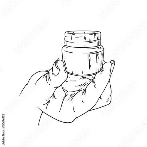 Vector sketch and hand drawn. Hand with little jar of cream. Isolated on white background. Line art style.