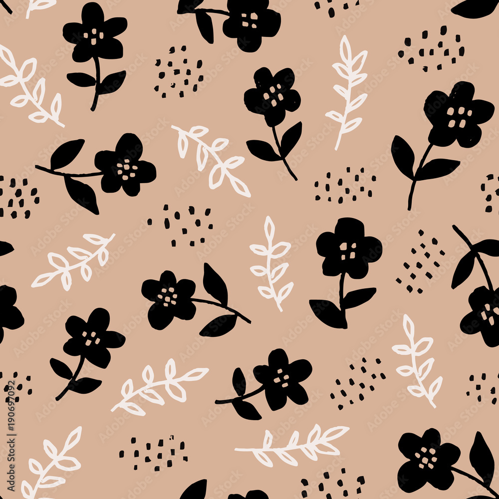 Fototapeta premium Stylish seamless floral pattern with hand drawn black flowers on beige background. Ditsy print for textile. Scandinavian design style, vector illustration