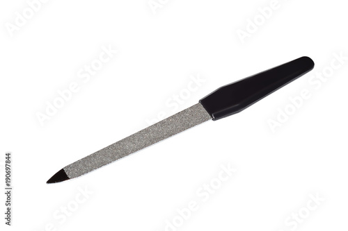 Steel nail file with black handle isolated on white background photo