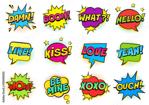 Retro colorful comic speech bubbles set with halftone shadows on white background. Expression text HELLO, YEAH, LOVE, LIKE, WOW, OUCH, DAMN, BOOM, XOXO, WHAT etc. Vector illustration, pop art style.