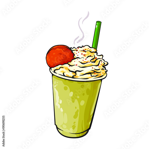 Coffee with milk, cream and cookie, vector illustration isolated on white background