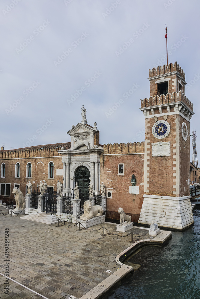 View of Venetian Arsenal (Arsenale di Venezia). Venetian Arsenal is a complex of former shipyards and armories clustered. Construction of Arsenal began in 1104, during Venice republican era. Italy.