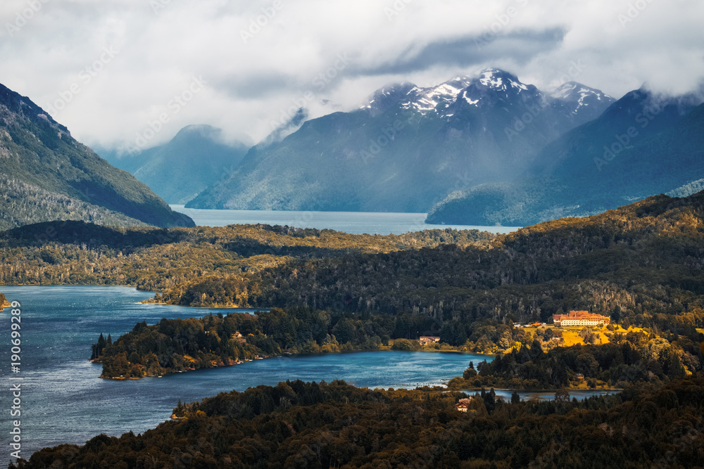 Lakes and mountains in the Lake district near the town of Bariloche, Argentina