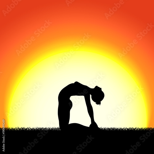 Yoga ustrasana pose black silhouette on sunset background. Woman character meditating in nature during sunrise, dawn. © generationclash