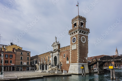 View of Venetian Arsenal (Arsenale di Venezia). Venetian Arsenal is a complex of former shipyards and armories clustered. Construction of Arsenal began in 1104, during Venice republican era. Italy.