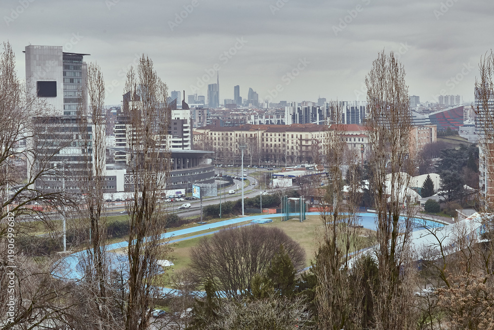 Milano sport center view with city in winter