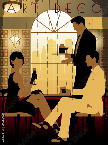 The party at the bar in the style of the early 20th century. Retro party invitation card. Handmade drawing vector illustration. Art Deco style.