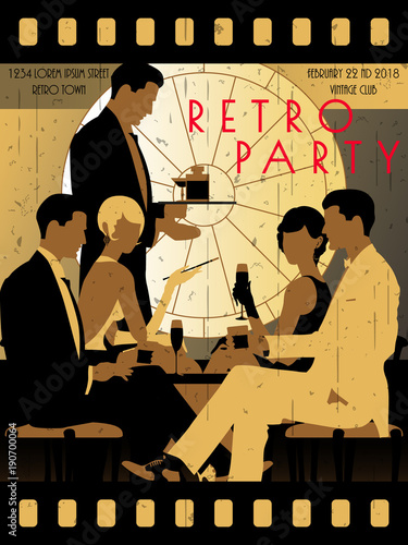 The party at the bar in the style of the early 20th century. Retro party invitation card. Handmade drawing vector illustration. Art Deco style.