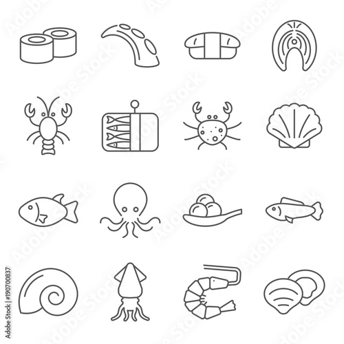 Simple Set of seafood Related Vector Line Icons. Contains such Icons as squid, crab, sushi, sprats, lobster, fish and more.