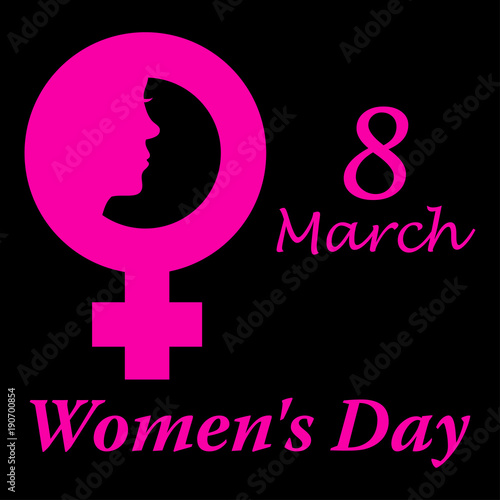 Icono plano 8 March y simbolo femenino con cara mujer y Women s Day y fondo negro