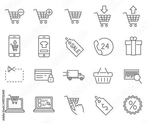 Set of E-Commerce Related Vector Line Icons. Includes such Icons as electronic money, online shopping, e-wallet, electronic payments and etc.