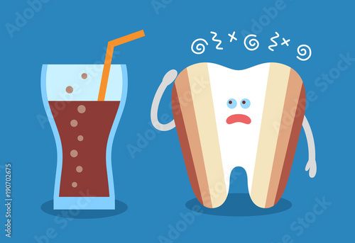 Cartoon tooth with a glass of soda and with decay or caries. Dental illustration. Dentistry icon. Teeth discoloration. Flat style.