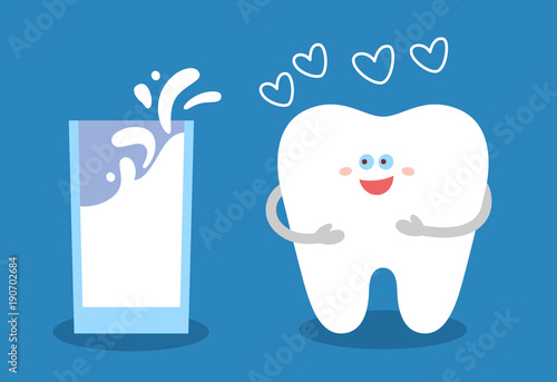 Cartoon tooth with a glass of milk. Dental illustration. Dentistry concept. Good food for your teeth. Flat style.