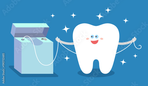 Cartoon tooth with dental floss. Flossing and cleaning teeth. Dental care and hygiene Illustration or concept.