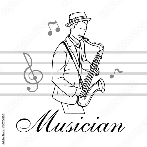 Saxophone player. Musician plays the instrument. Musician logo. Musical staff.