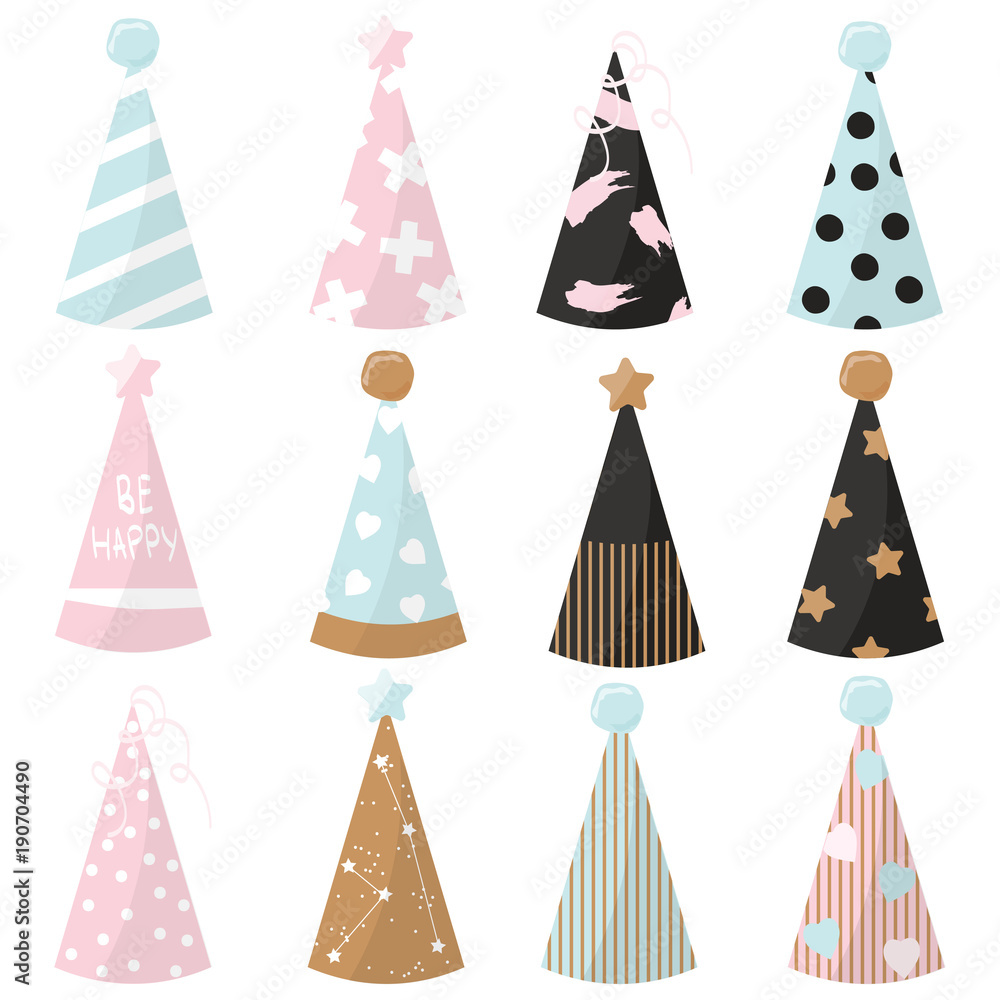 Set of cute party hats. Vector hand drawn illustration. Set of cute party hats. Vector hand drawn illustration.