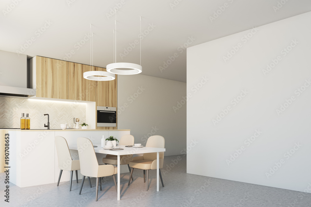 Fototapeta premium Wooden and white kitchen corner wall