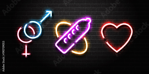 Vector realistic isolated set of neon erotic signs for decoration and covering on the wall background. Concept of night club and sex shop.