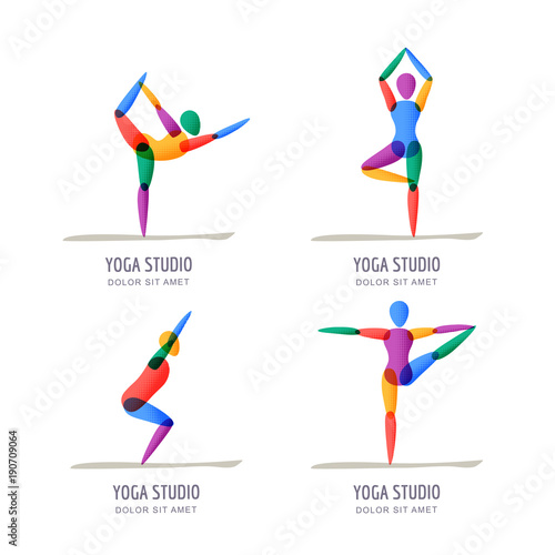 Vector yoga studio logo, emblem design template. Colorful female silhouette in different standing yoga poses, asana, isolated icons set. Relax, meditation and balance training.