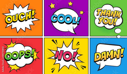 Retro comic speech bubbles set on colorful background. Expression text OUCH, COOL, THANK YOU, OOPS, NO, DAMN. Vector illustration, vintage design, pop art style.
