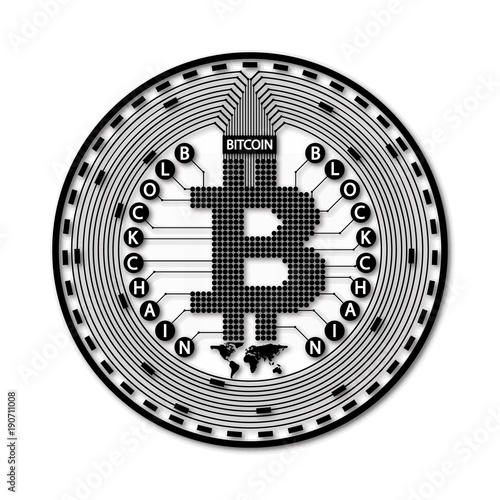 inscription - blockchain. simple pattern, black symbols of bitcoin on white background, vector illustration. halftone photo