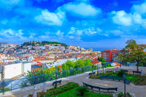 View of old town Lisbon and Sao Jorge Castle from Miradouro de S