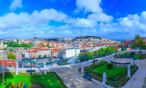 View of old town Lisbon and Sao Jorge Castle from Miradouro de Sao Pedro de Alcantara. Portugal.
