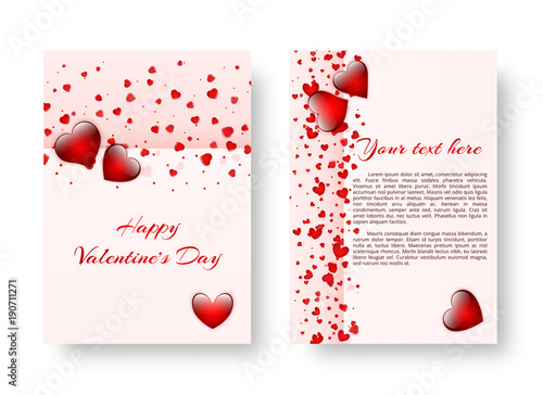 Vivid postcard design happy Valentine's day with red falling hearts. Vector illustration