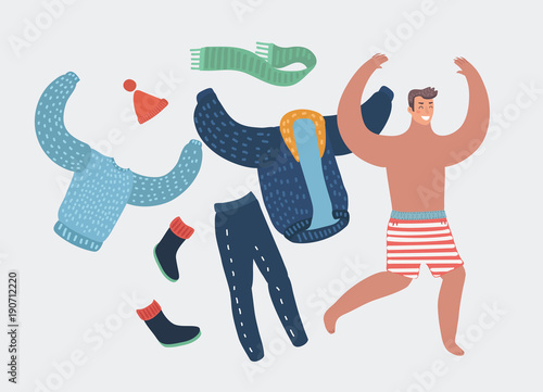 Happy cartoon man taking off work clothes running with joy