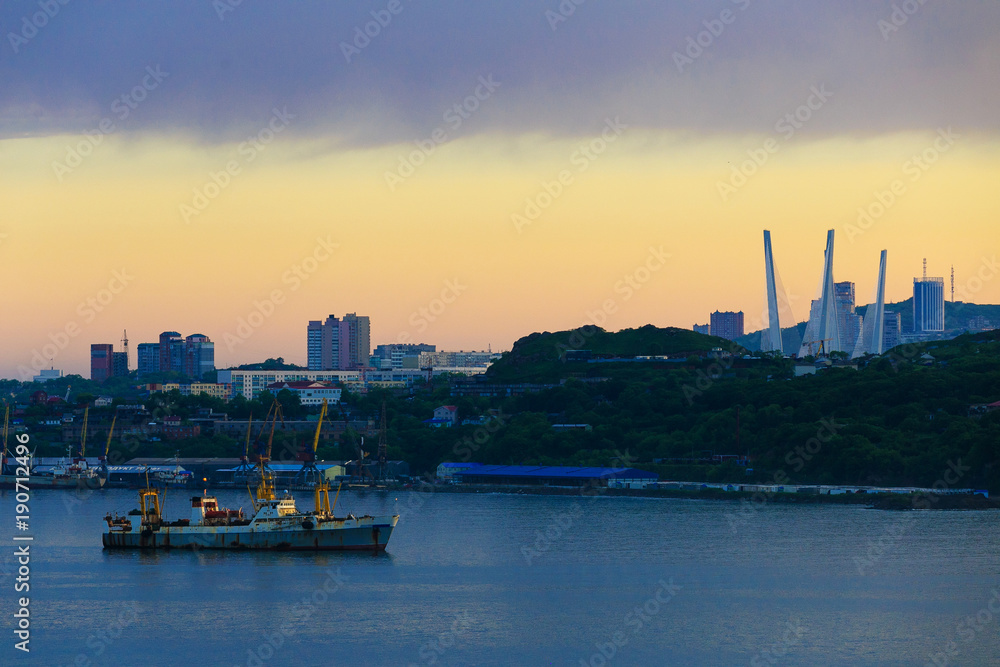 Vladivostok, Russia, 2017: Merchant and warships on the roadstead in the Golden Horn Bay in Vladivostok. Seaport Vladivostok