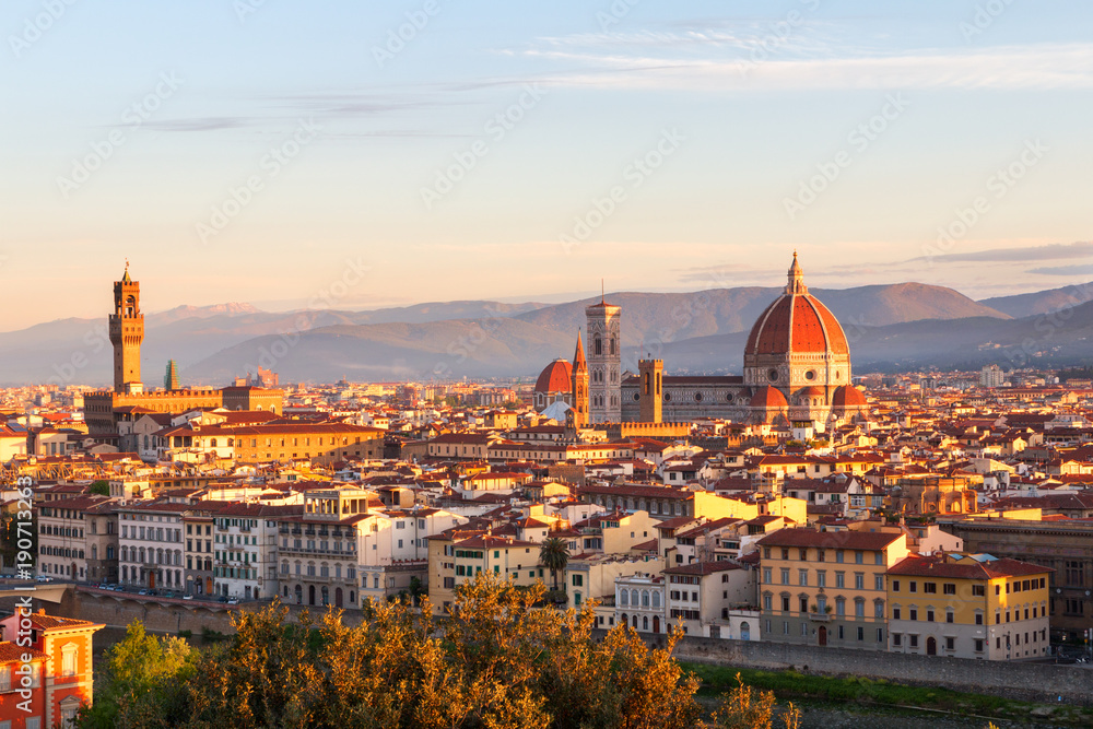 Beautiful views and peace of Florence cityscape in the background Cathedral Santa Maria del Fiore at sunrise
