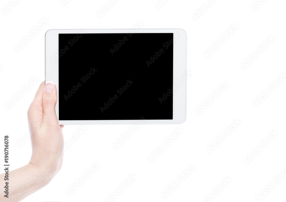 Female hand holding graphic tablet isolated Female hand holding graphic tablet isolated