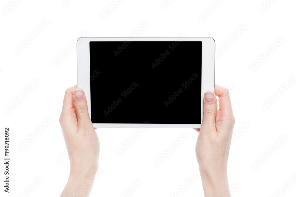 Female hands holding graphic tablet isolated Female hands holding graphic tablet isolated
