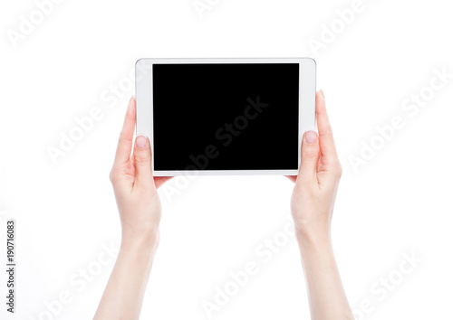 Female hands holding graphic tablet isolated