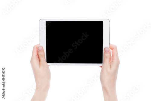 Female hands holding graphic tablet isolated