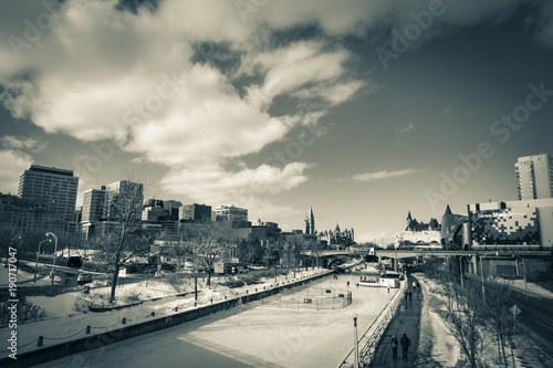 OTTAWA, ONTARIO / CANADA - JANUARY 28  2018: PEOPLE SKATING IN DOWNTOWN OF OTTAWA.