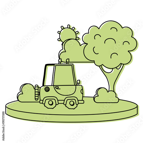 color agrimotor car in the city with tree and sun