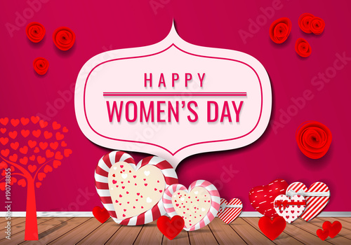 Wallpaper Mural Women day background. 8 march women's day greeting card. Happy Womens Day.  Card for 8 March women's day. Abstract background womens day with vintage frame and paper flower. Vector illustration. Torontodigital.ca