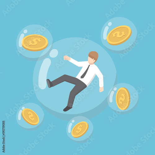 Isometric businessman and dollar coin floating in bubbles.