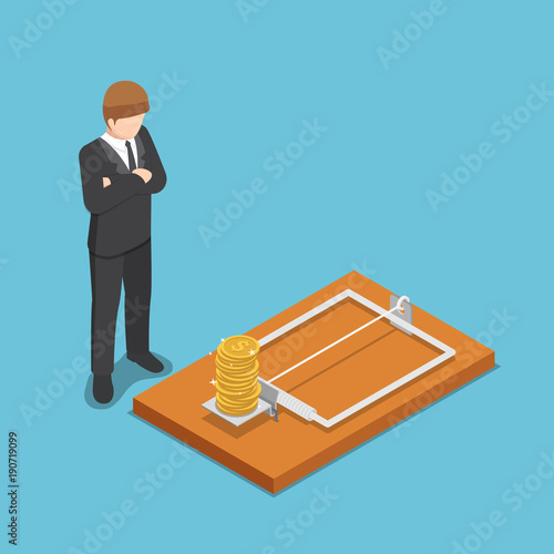 Isometric businessman looking at dollar coin on mousetrap.