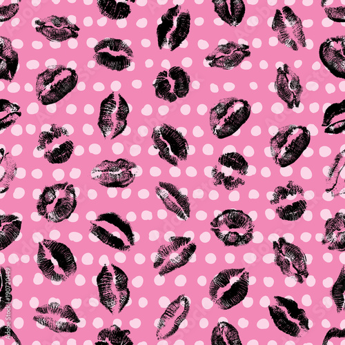 Female lips, mouth with a kiss stain, seamless pattern on pop up background. Retro style endless wrapping paper for Valentine day adult sex shop merchandise. Vector.