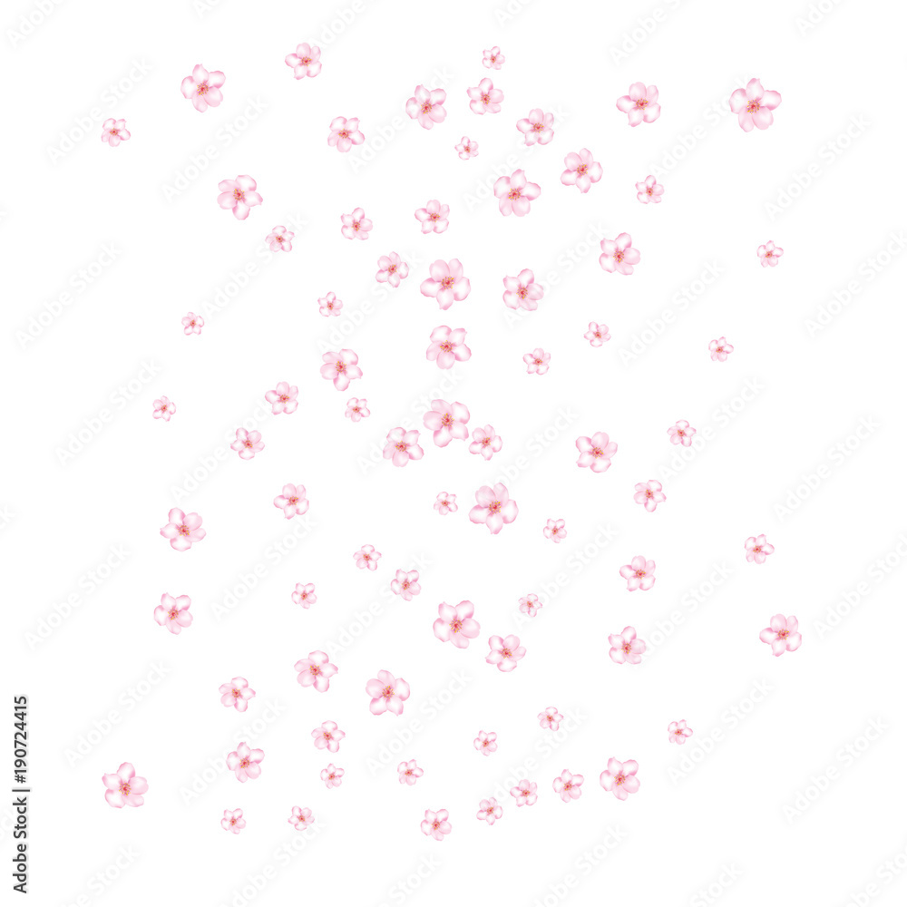 Sakura, Peach Cherry or Apple Flowers Vector Confetti. Elegant Falling Down Spring Romantic Floral Decoration. Magic Wedding Decoration, Realistic Sakura Cherry, Peach or Apple Blossom Background