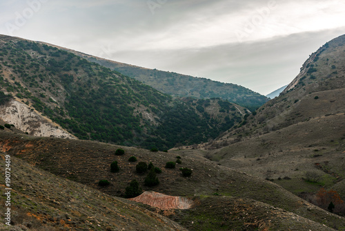 Hilly mountains in the valley, mountain landscape