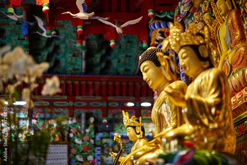 Golden buddha statues, Seongnimsa temple, Korea
