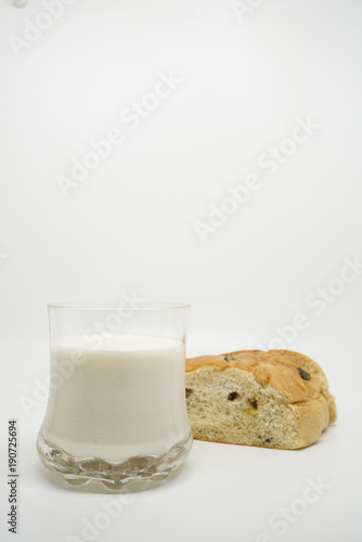 Raisin bread slice with milk on for eating in breakfast or morning meal